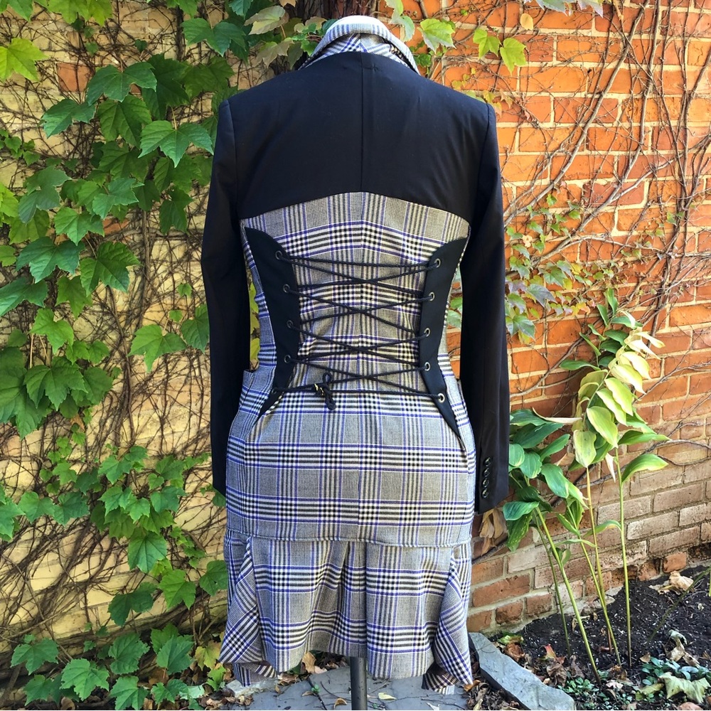 Small/Medium 5/6 Lace Up Fine Wool Jacket Upcycled Plaid Double Breasted Coat - Picture 1 of 8